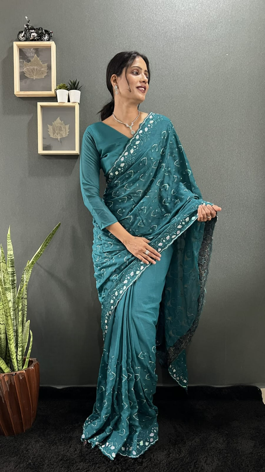 Dusty Rose Pink Georgette Embroidery Silk Saree